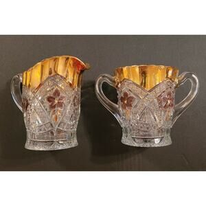 Vintage Eapg With Floral Medallion Gold Flash Indiana Glass Open Sugar And...